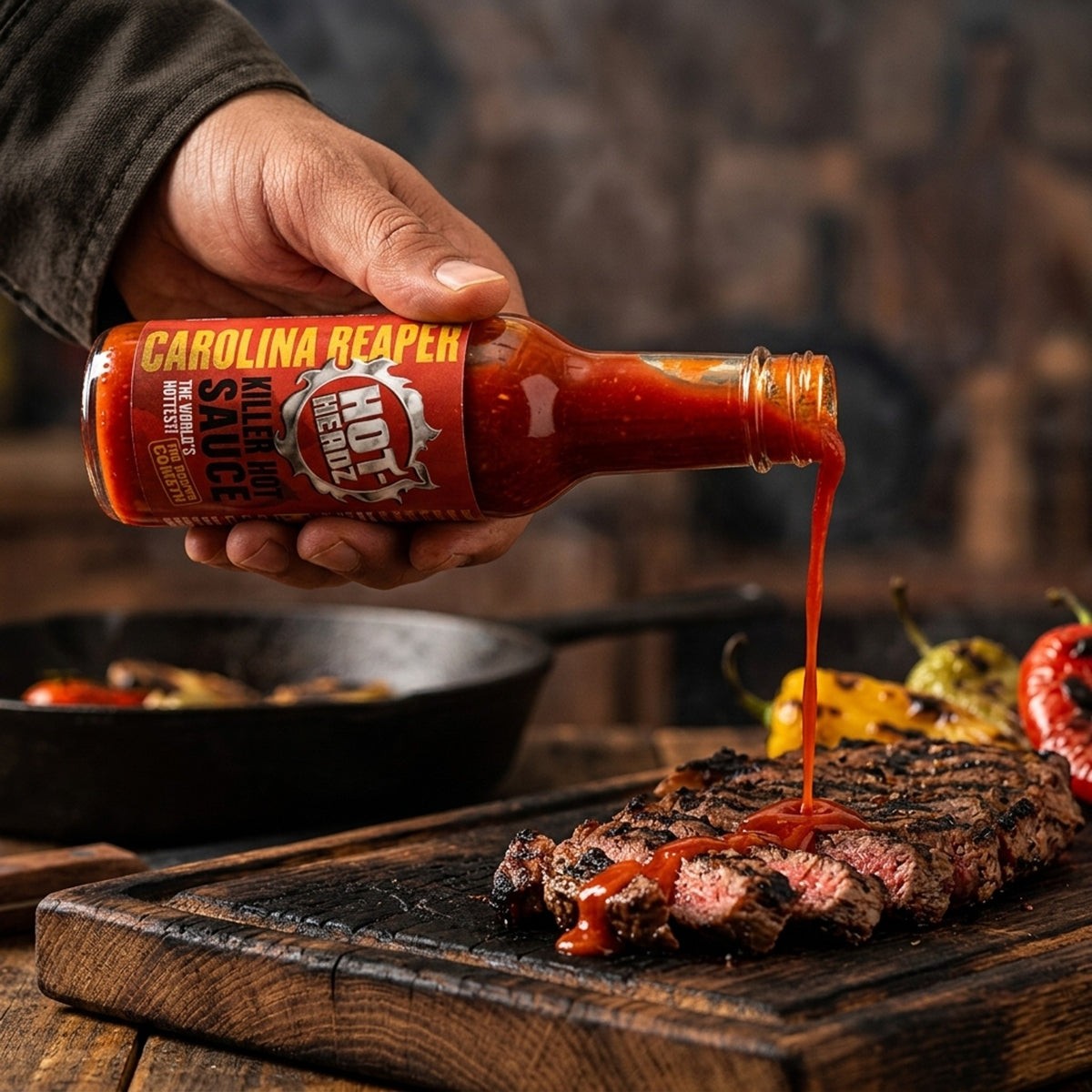 Hot Headz! Carolina Reaper Killer σερβιρισμένο σε ψητά σε ξύλινη σανίδα