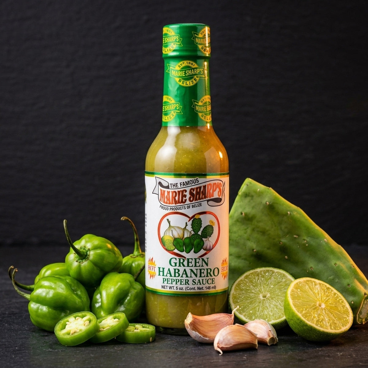 Marie Sharp's Green Habanero & Cactus με πράσινες πιπεριές, φύλλα κάκτου και λάιμ