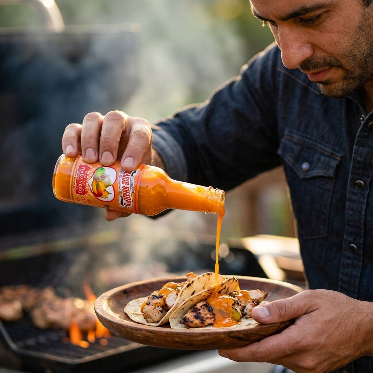 Marie Sharp's Mango Habanero σερβίρεται σε tacos στη σχάρα
