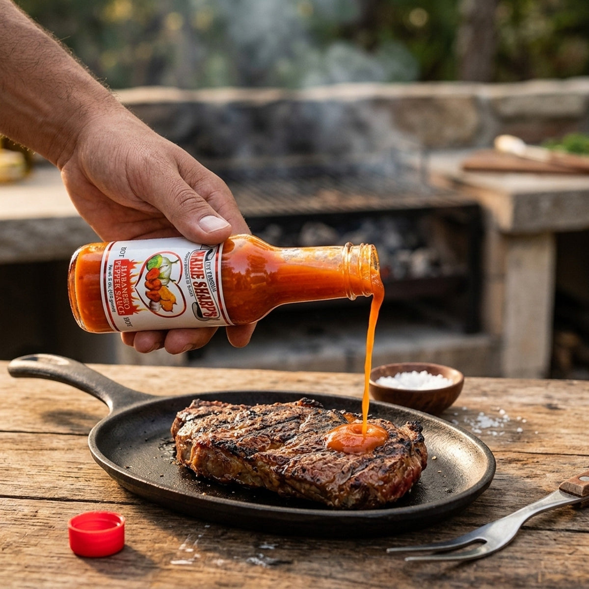 Marie Sharp's Original Habanero πάνω από ψητή μπριζόλα σε μαυροτήγανο