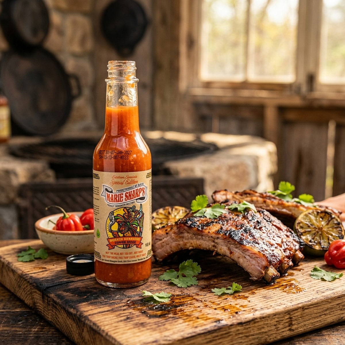 Marie Sharp's Smoked Habanero δίπλα σε καπνιστά πλευρά σε ξύλινη σανίδα