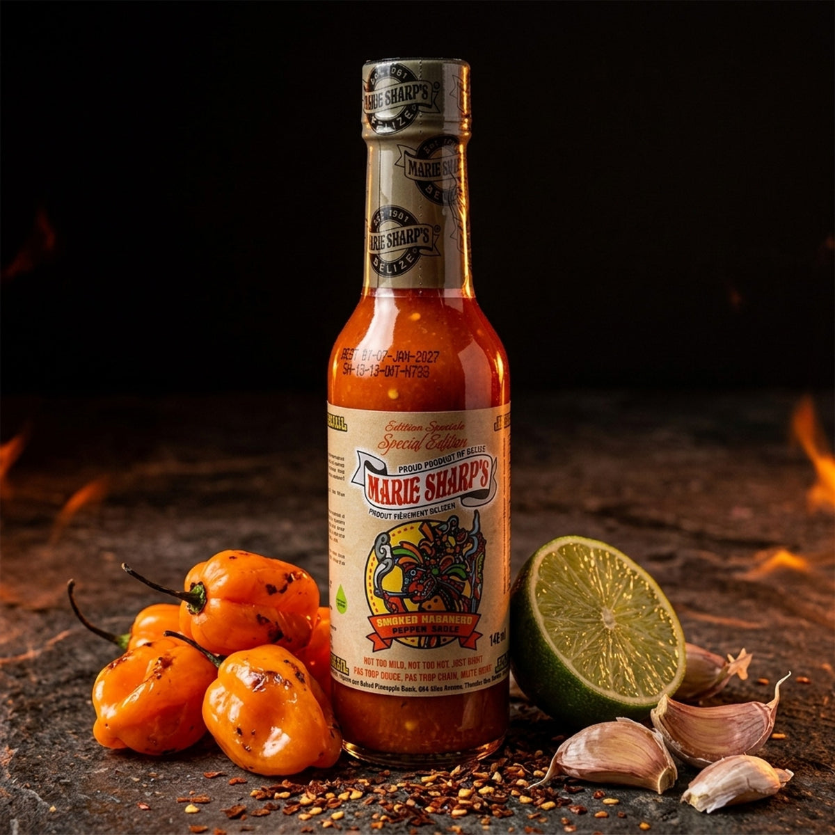 Marie Sharp's Smoked Habanero με φρέσκες πιπεριές habanero και λάιμ